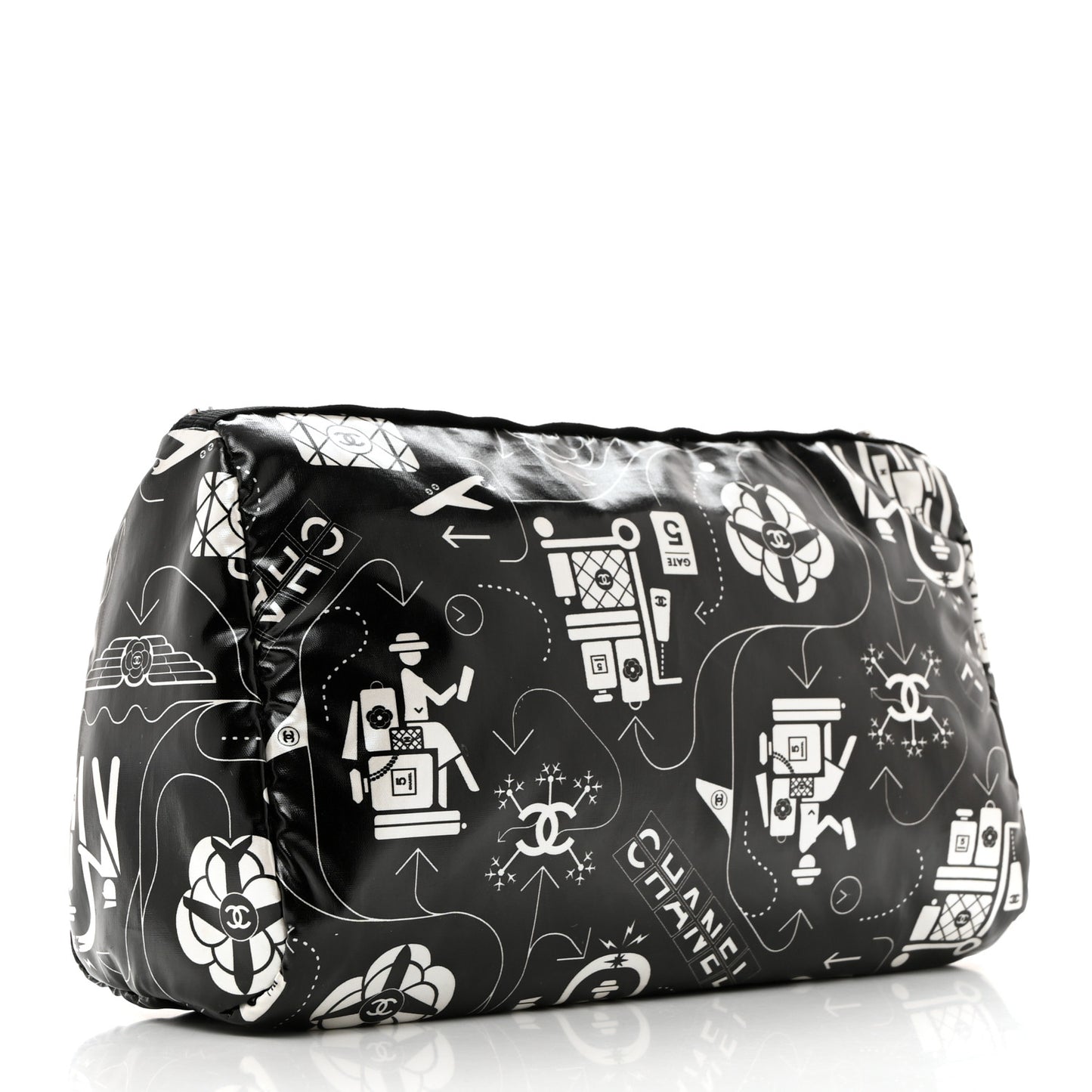 Coated Canvas Airline Cosmetic Pouch Black White