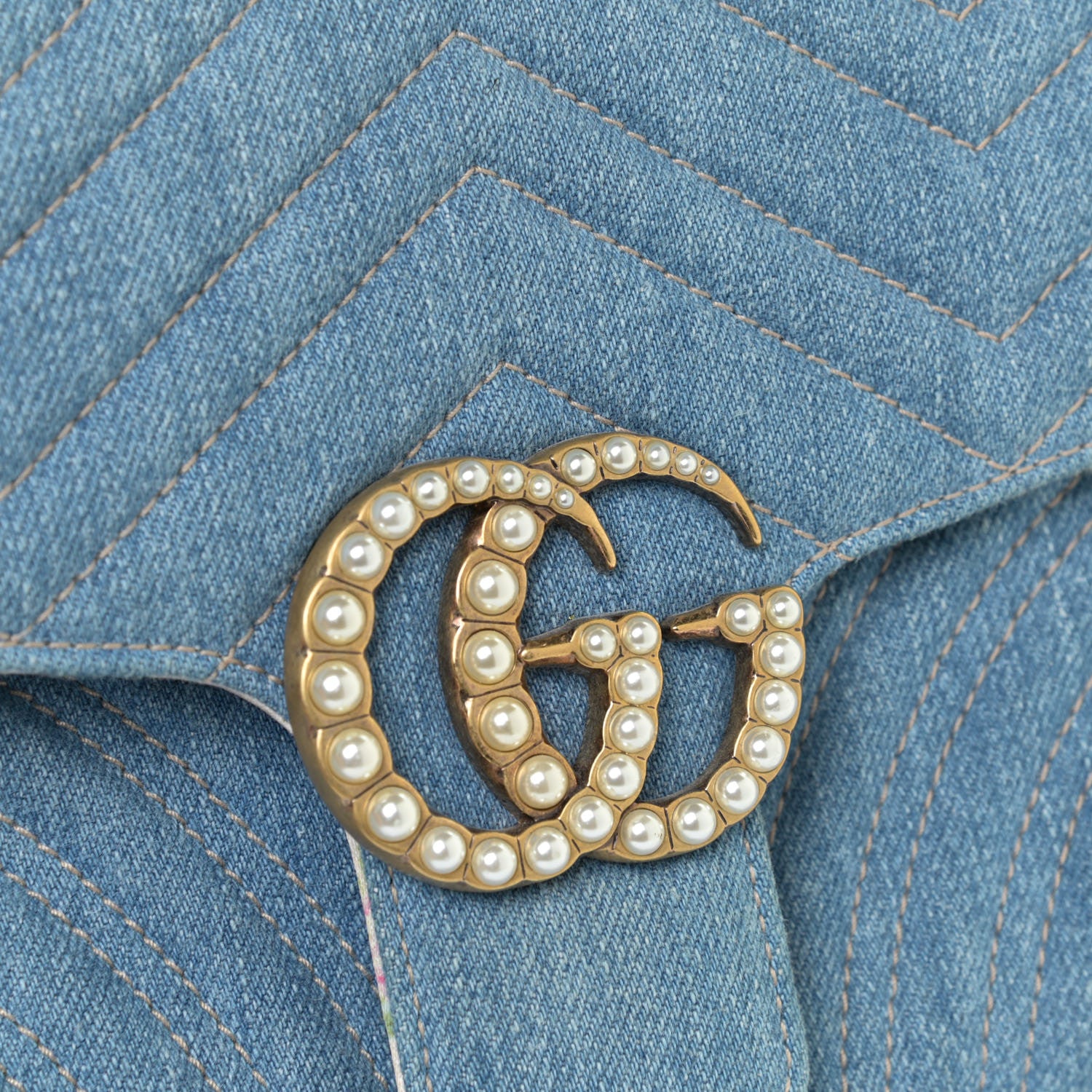 Gucci Denim Matelasse Small Pearly GG Marmont Shoulder Bag Blue 9 of 9