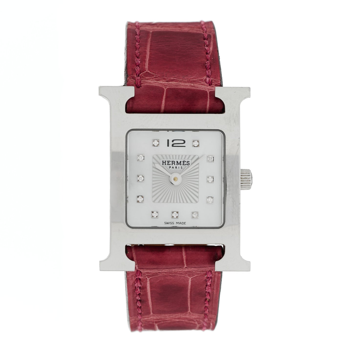 Stainless Steel Alligator Diamond Mother of Pearl 21mm Heure H Hour Quartz Watch Framboise