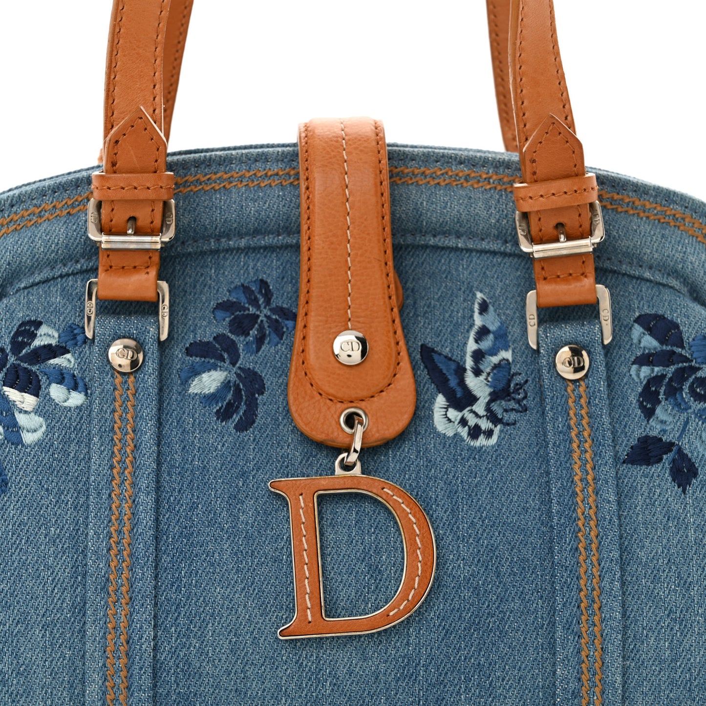 Denim Embroidered Satchel Blue