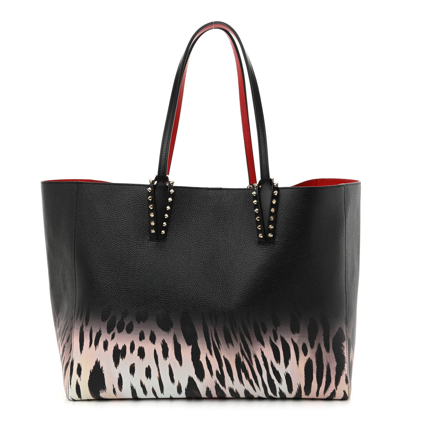 Calfskin Degrade Leopard Print Spikes East West Cabata Tote Black Pink Multi