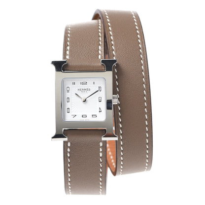 Hermes Stainless Steel Swift 21mm Heure H Hour Double Tour Quartz Watch Etoupe 1 of 4