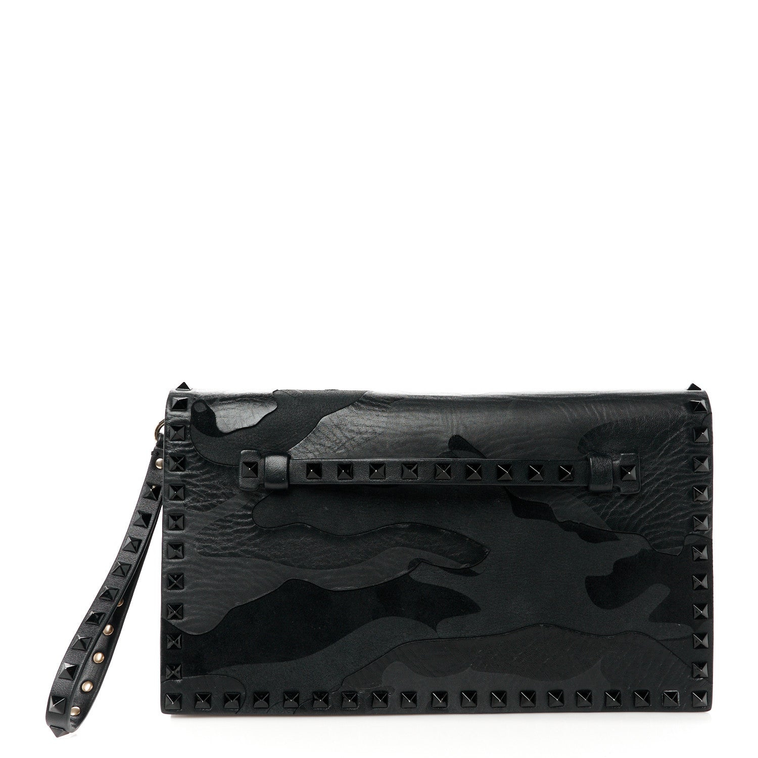 Valentino Garavani Nappa Canvas Camouflage Rockstud Wristlet Clutch Black 1 of 8