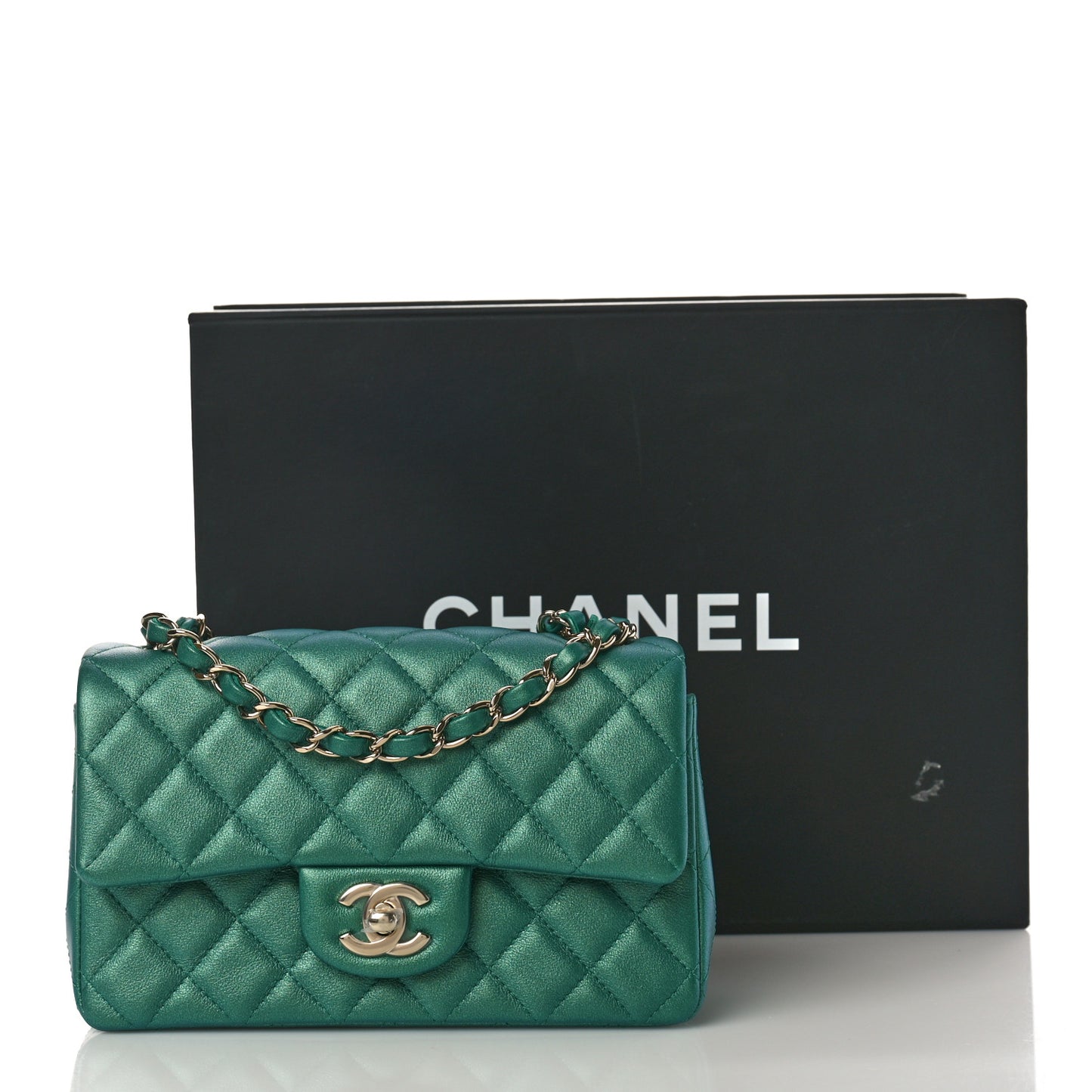 Iridescent Calfskin Quilted Mini Rectangular Flap Green
