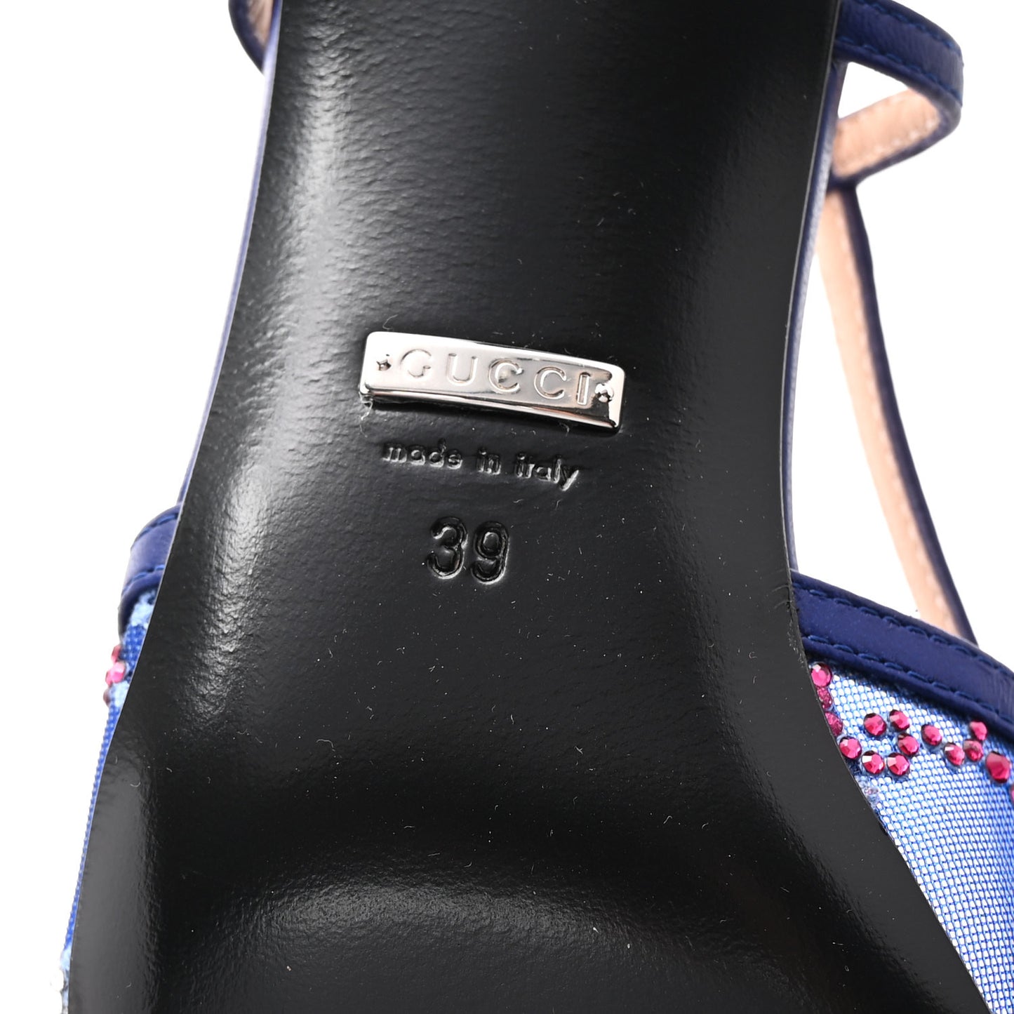 Tela Retino Nappa Charlotte Crystal GG Monogram Square G 35mm Slingback Pumps 39 Splash Net Blue Witch