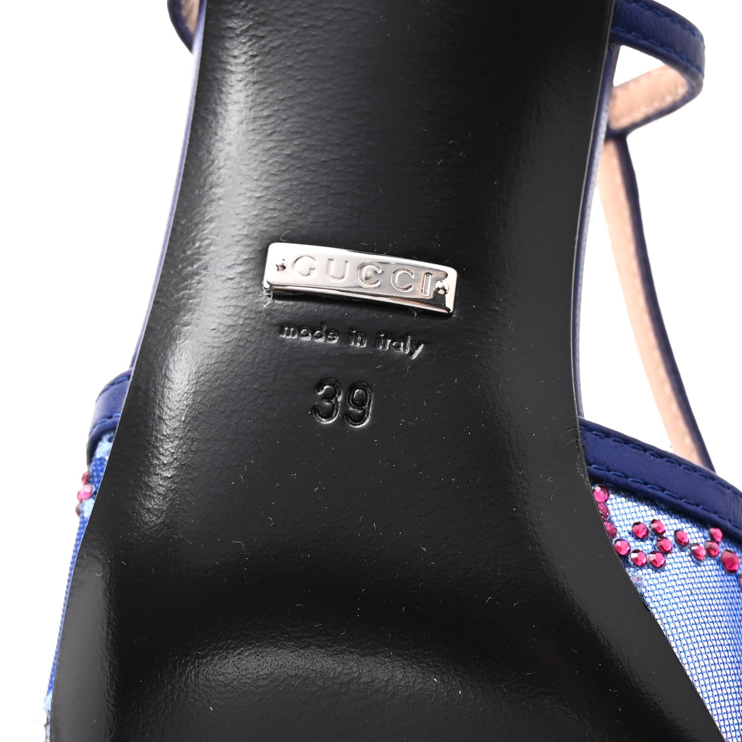 Gucci Tela Retino Nappa Charlotte Crystal GG Monogram Square G 35mm Slingback Pumps 39 Splash Net Blue Witch 7 of 9