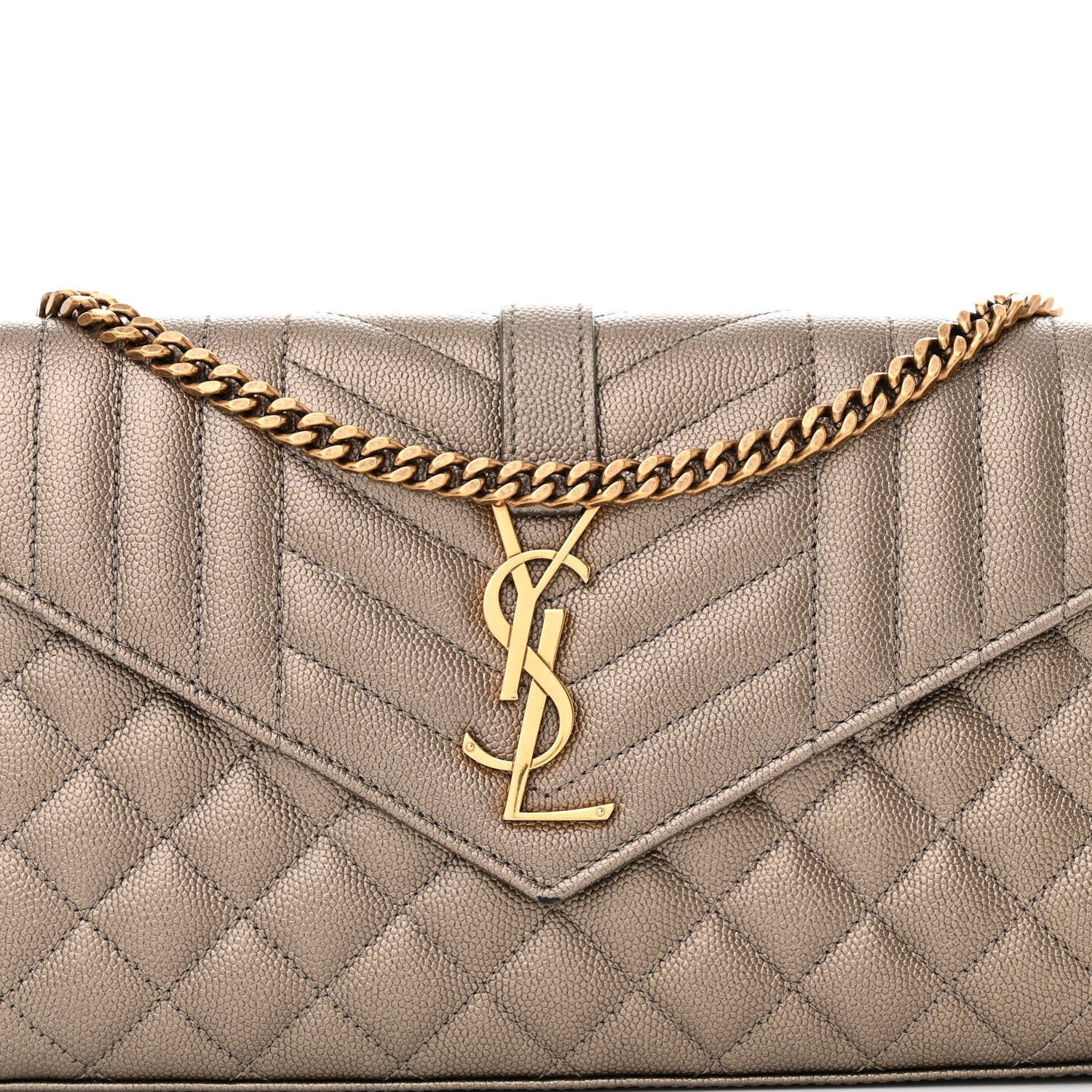Saint Laurent Metallic Grain De Poudre Mixed Matelasse Triquilt Monogram Chain Wallet Piombo 7 of 14