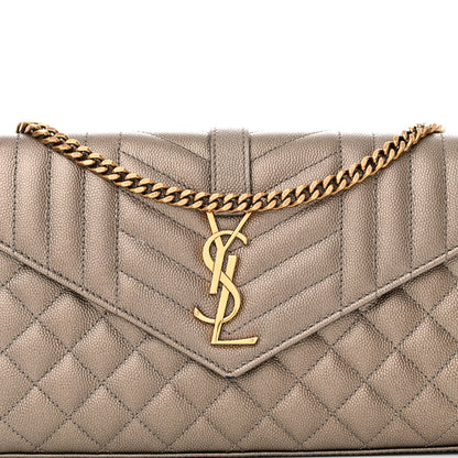 Saint Laurent Metallic Grain De Poudre Mixed Matelasse Triquilt Monogram Chain Wallet Piombo 7 of 14