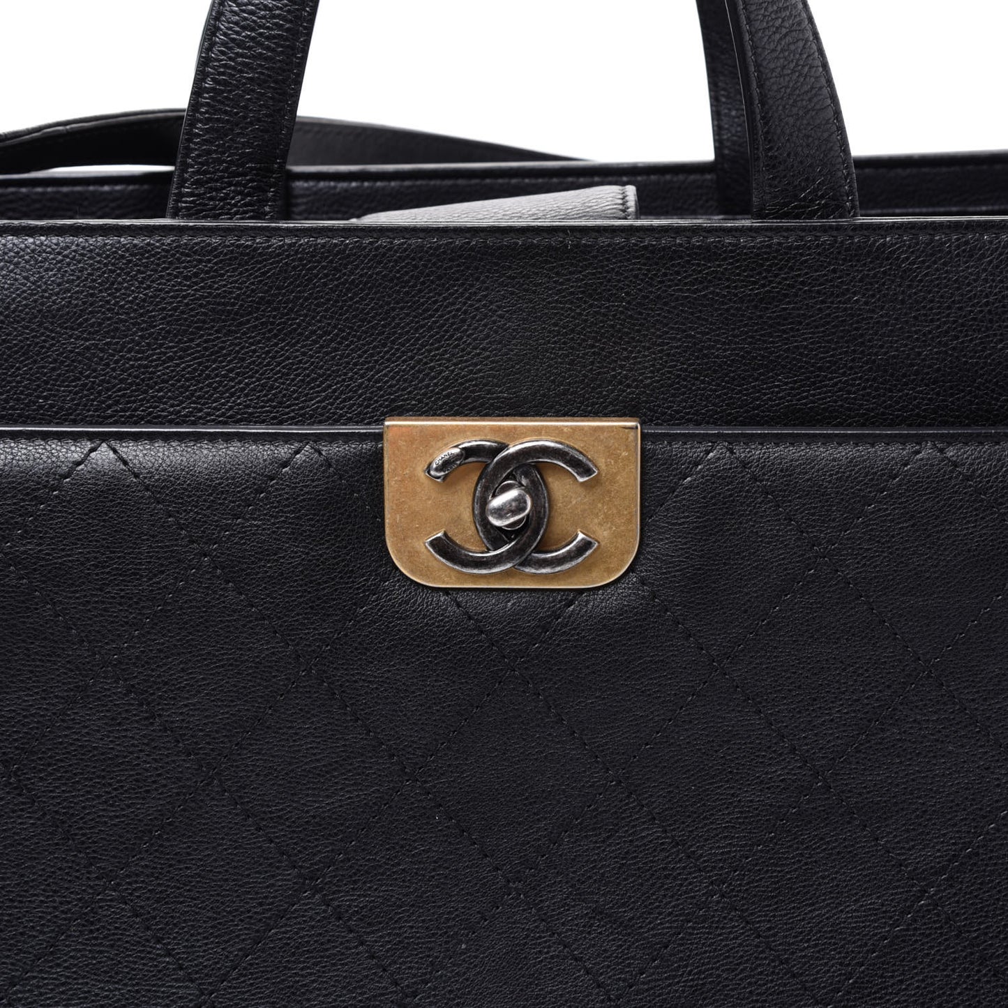 Calfskin Stitched Large Straight Lines Shopping Tote Black