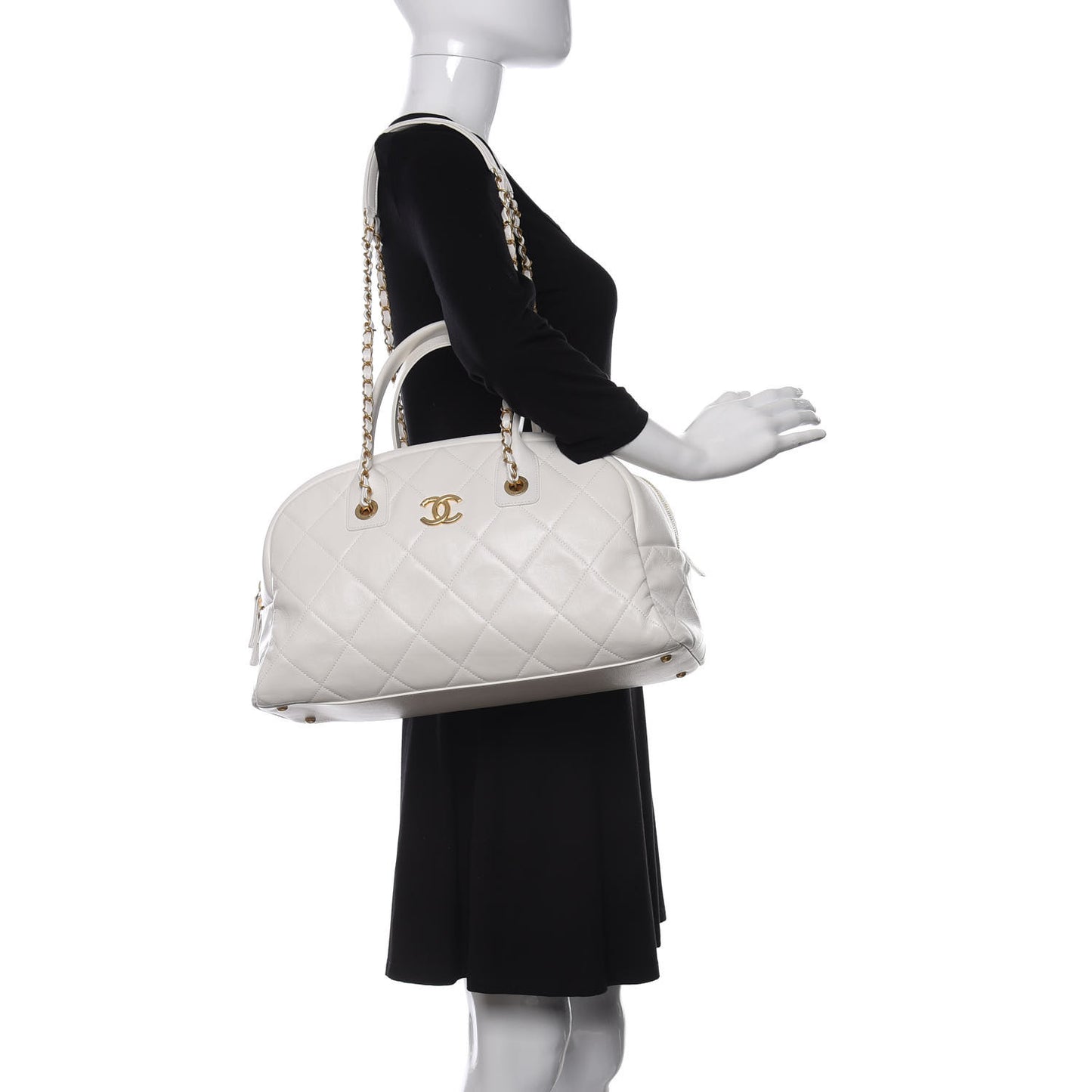 Calfskin Quilted CC Top Handle Bowling Bag White