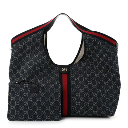 Gucci Denim GG Monogram Web Large Giglio Tote Blue 3 of 10