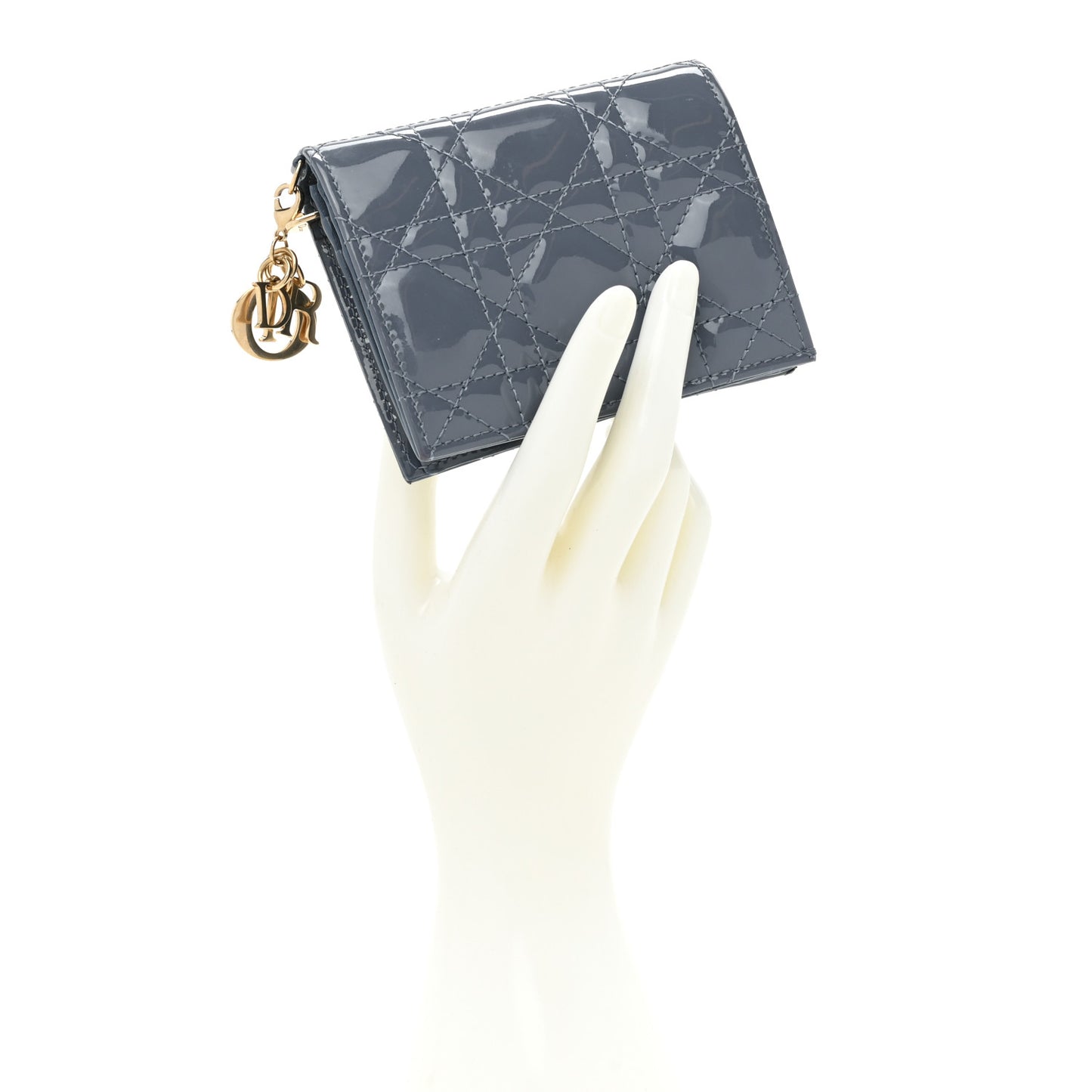 Patent Cannage Mini Lady Dior Wallet Gray Stone