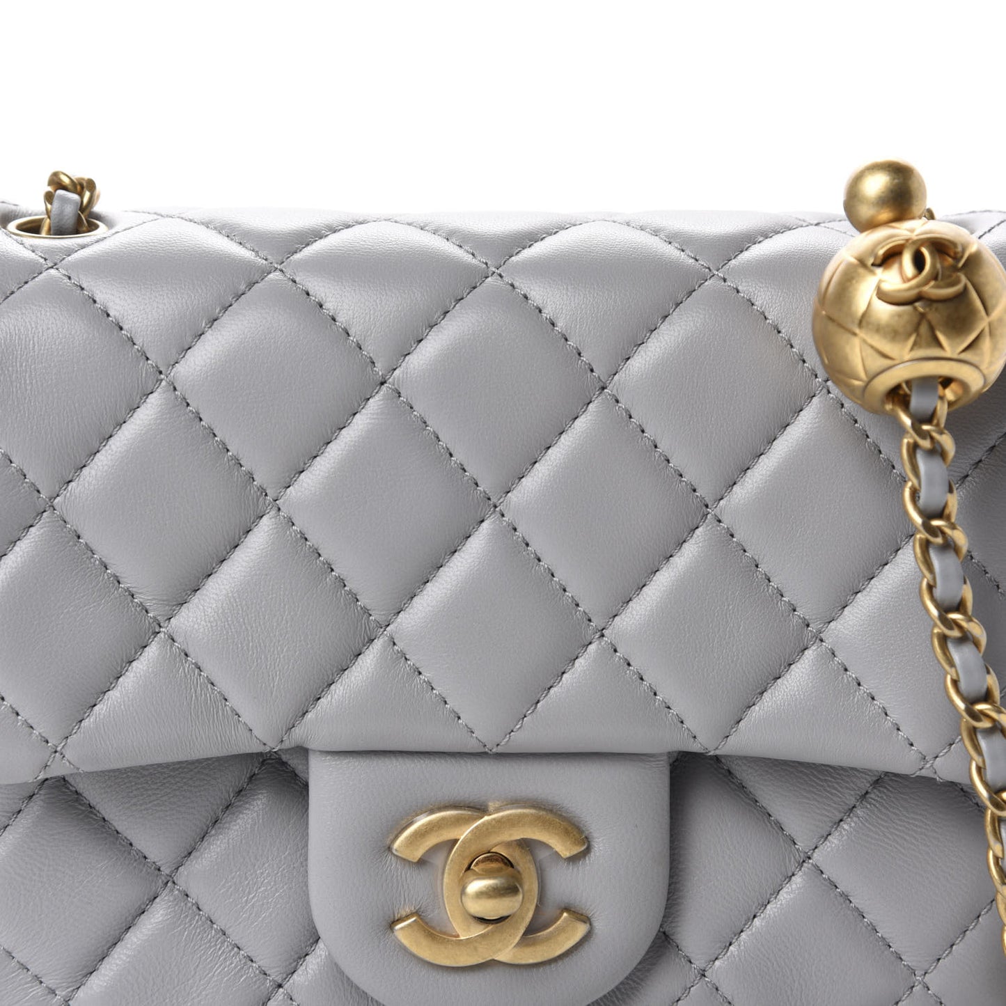 Lambskin Quilted Mini Pearl Crush Flap Light Grey