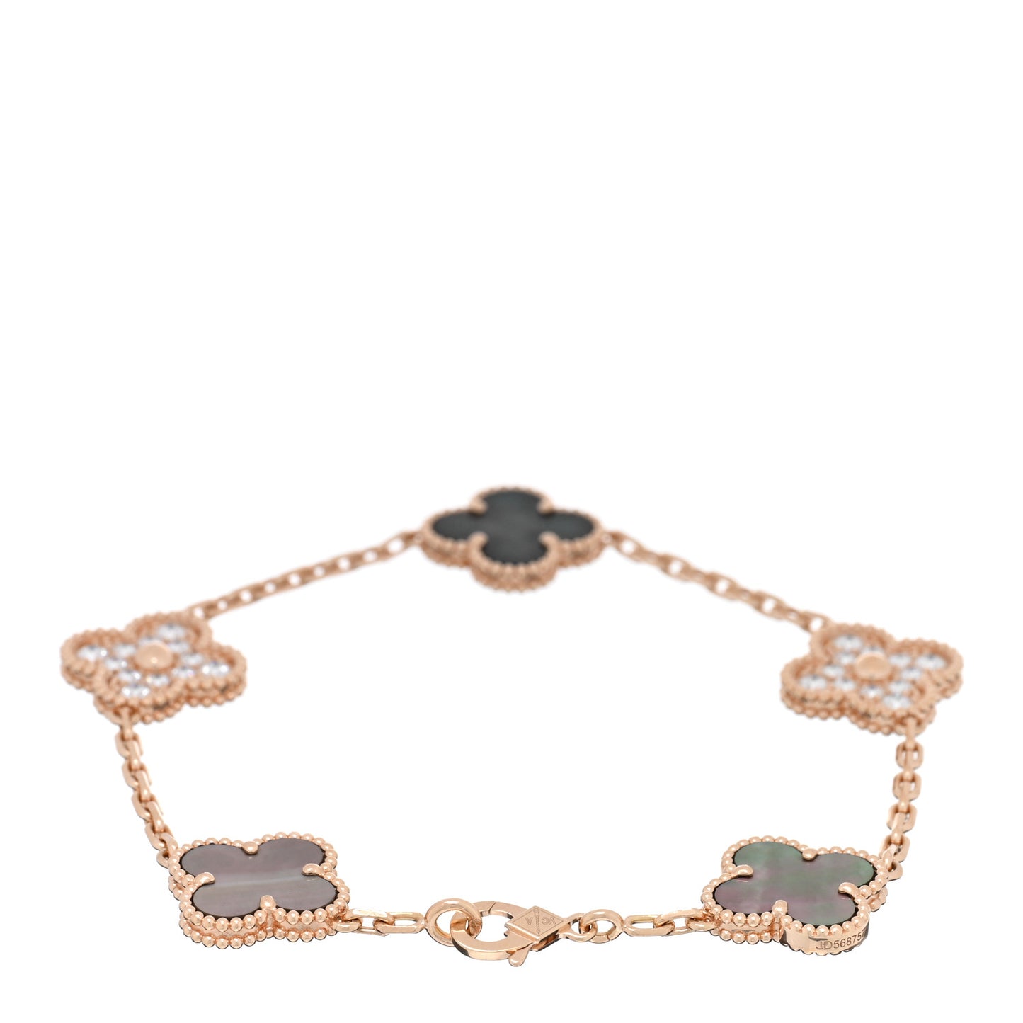 18K Rose Gold Diamond Gray Mother of Pearl 5 Motifs Vintage Alhambra Bracelet