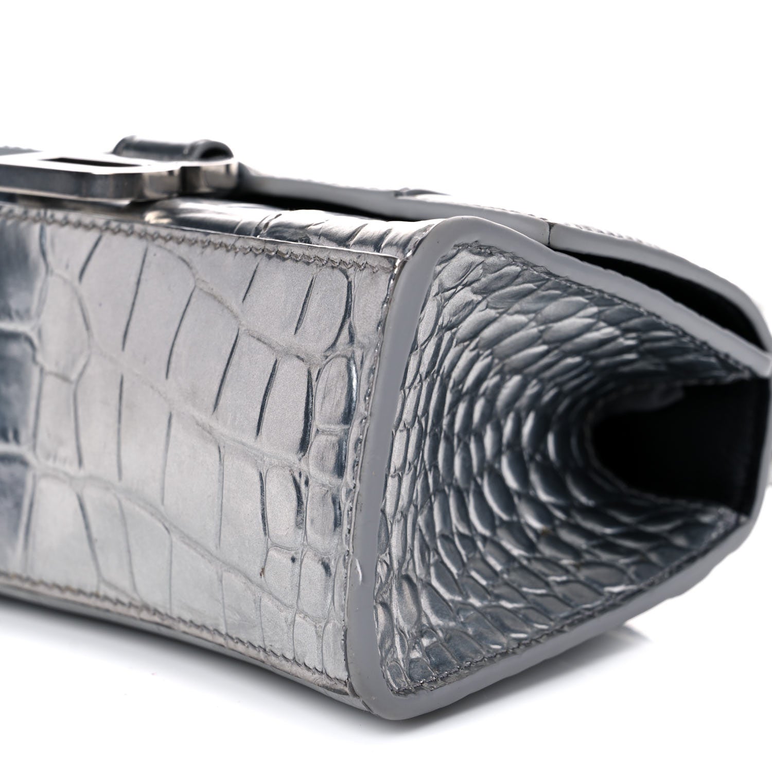 Balenciaga Metallic Calfskin Crocodile Embossed Hourglass Top Handle Bag XS Silver 8 of 14