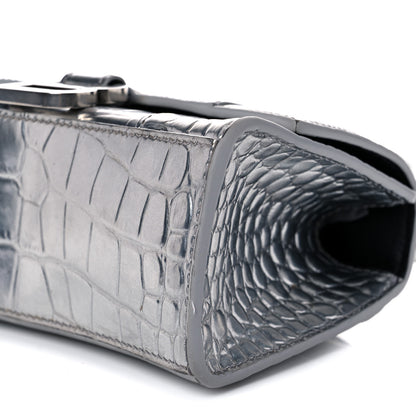 Balenciaga Metallic Calfskin Crocodile Embossed Hourglass Top Handle Bag XS Silver 8 of 14