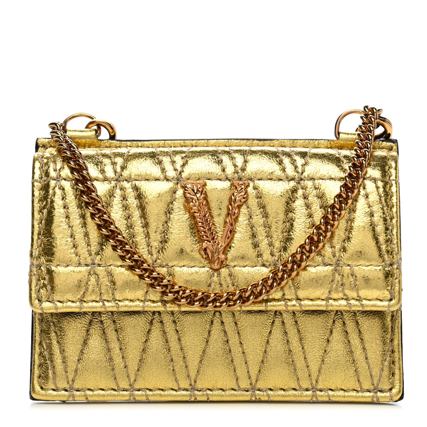 Metallic Lambskin Quilted Virtus Chain Card Holder Gold