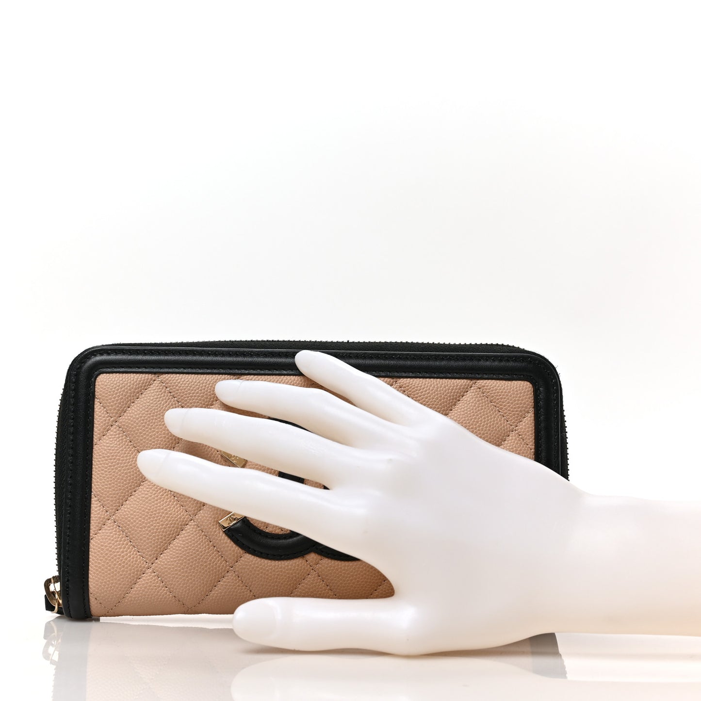 Caviar Quilted Filigree Zip Around Wallet Beige Black