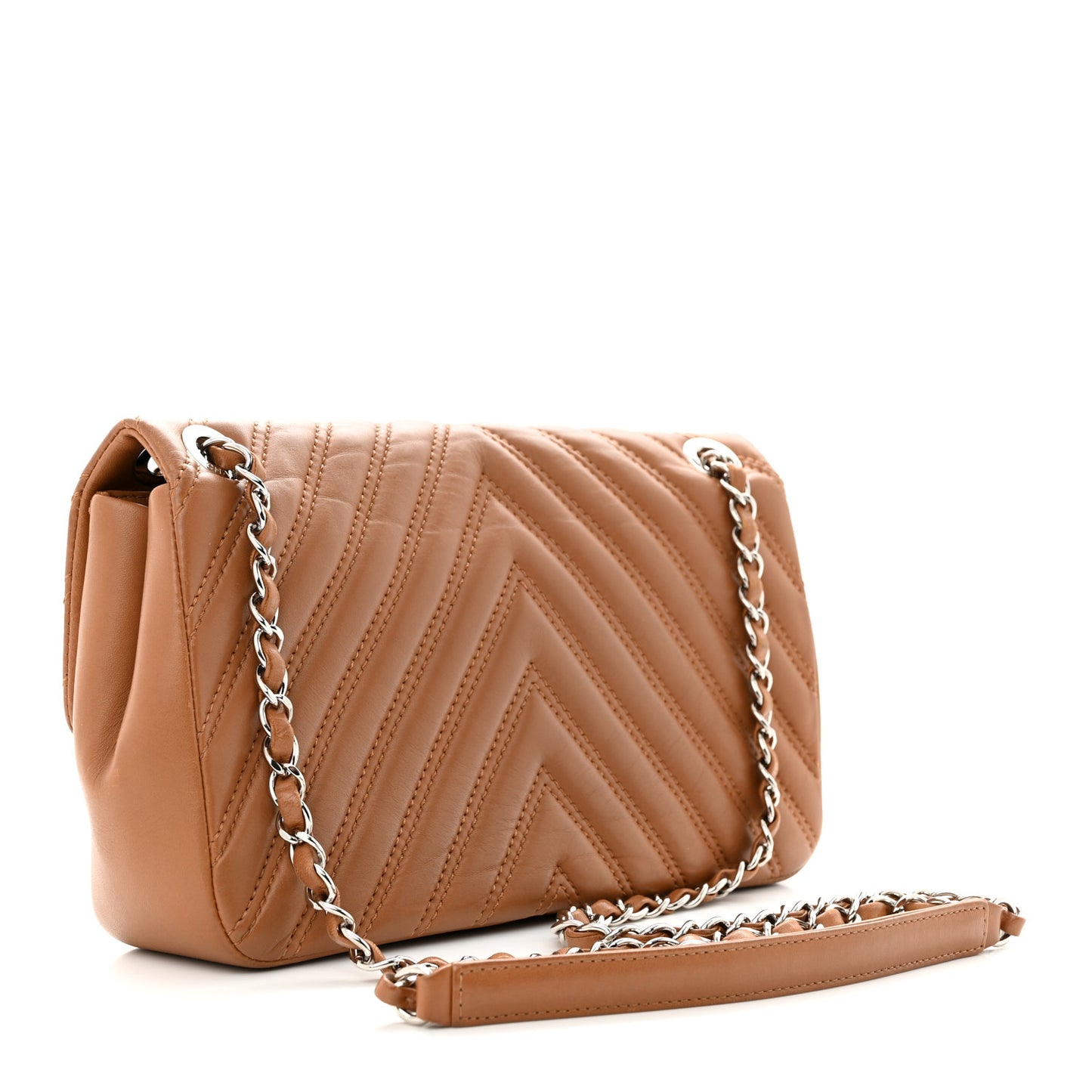 Lambskin Chevron Double Stitch Medium Single Flap Brown