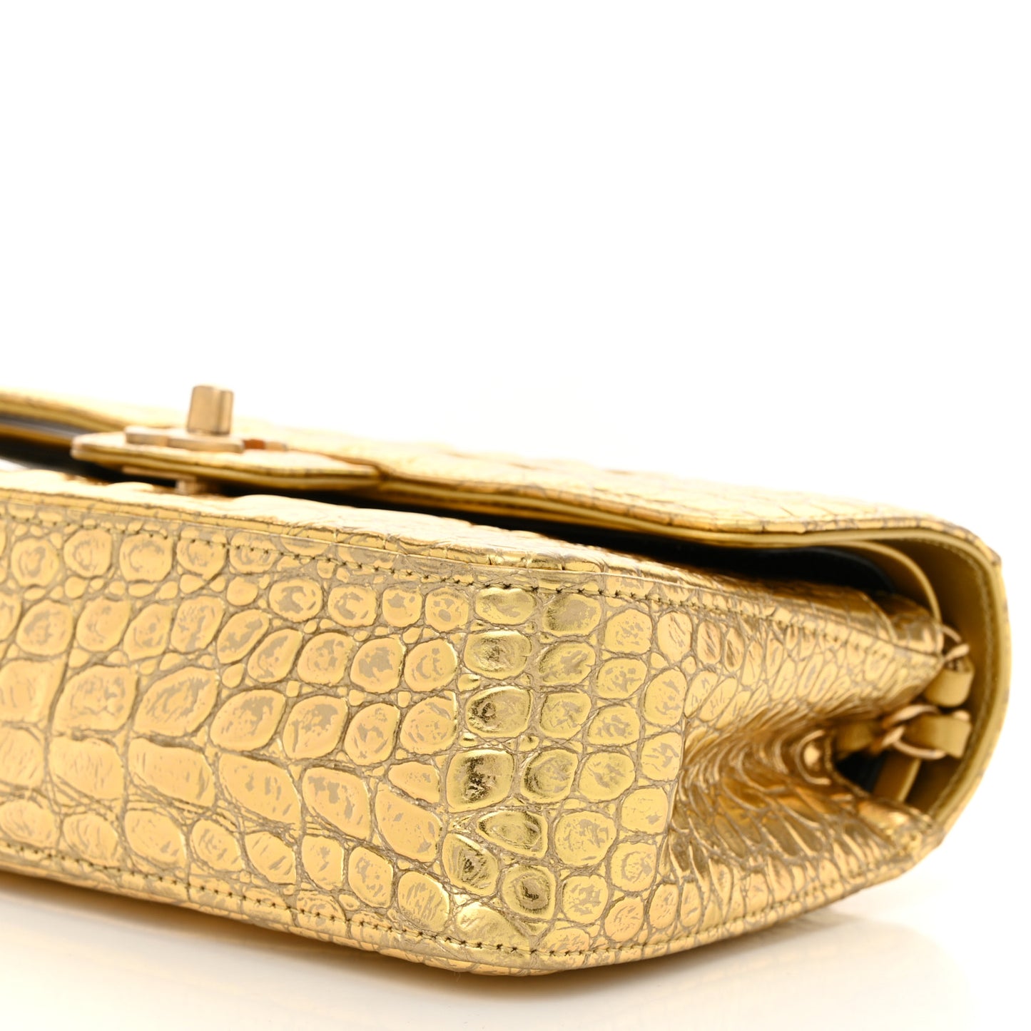Metallic Calfskin Crocodile Embossed Cocodile Small Double Flap  Gold