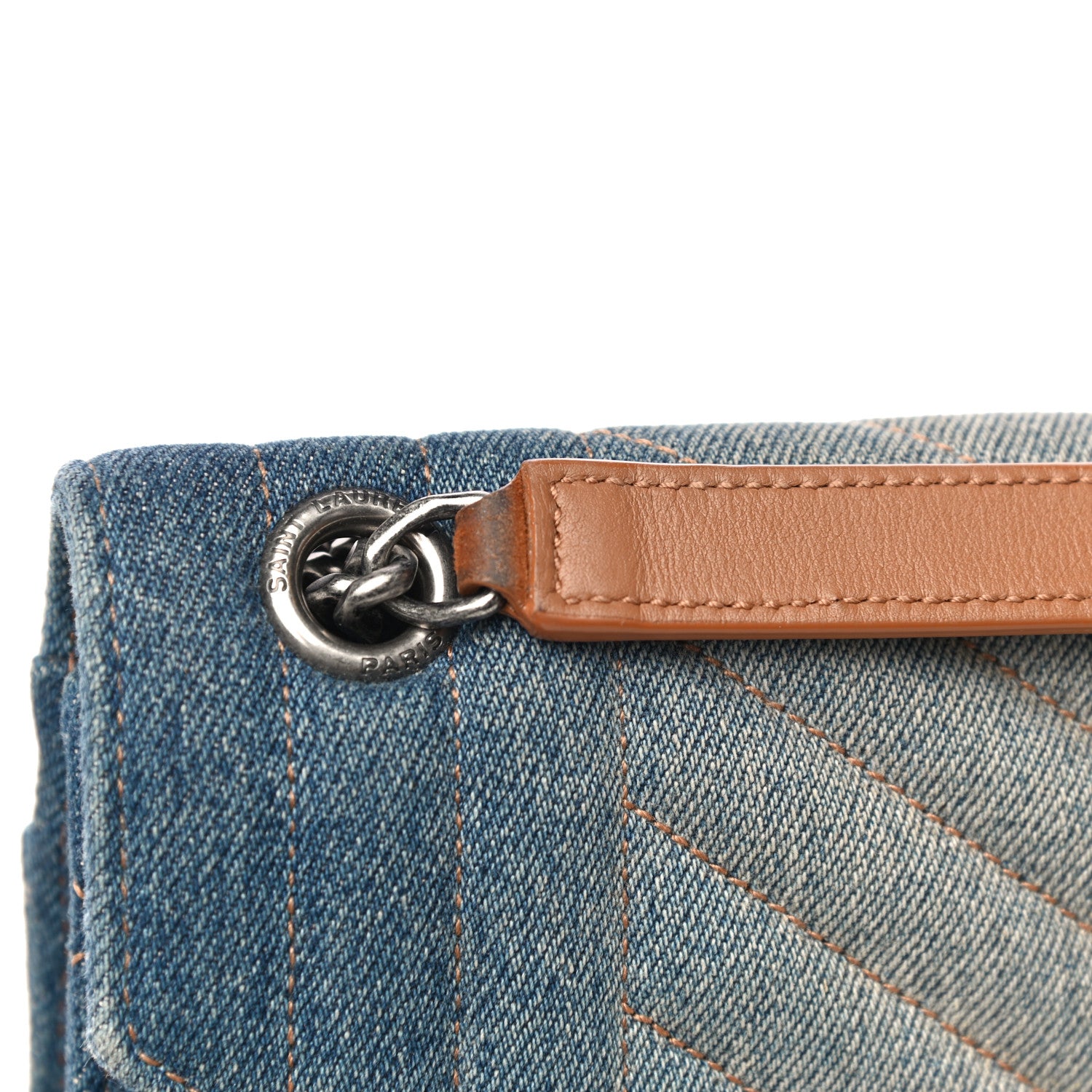 Saint Laurent Denim Mixed Matelasse Triquilt Medium Monogram Envelope Satchel Blue 10 of 15