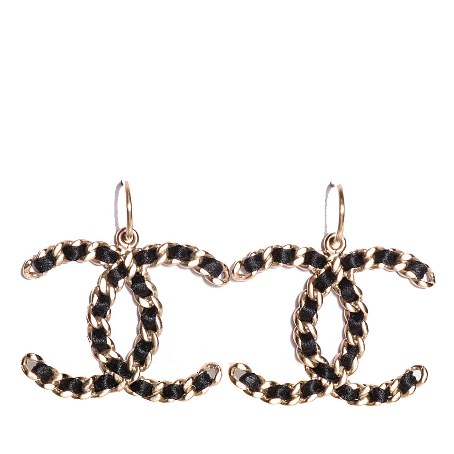 Satin CC Chain Earrings Light Gold Black