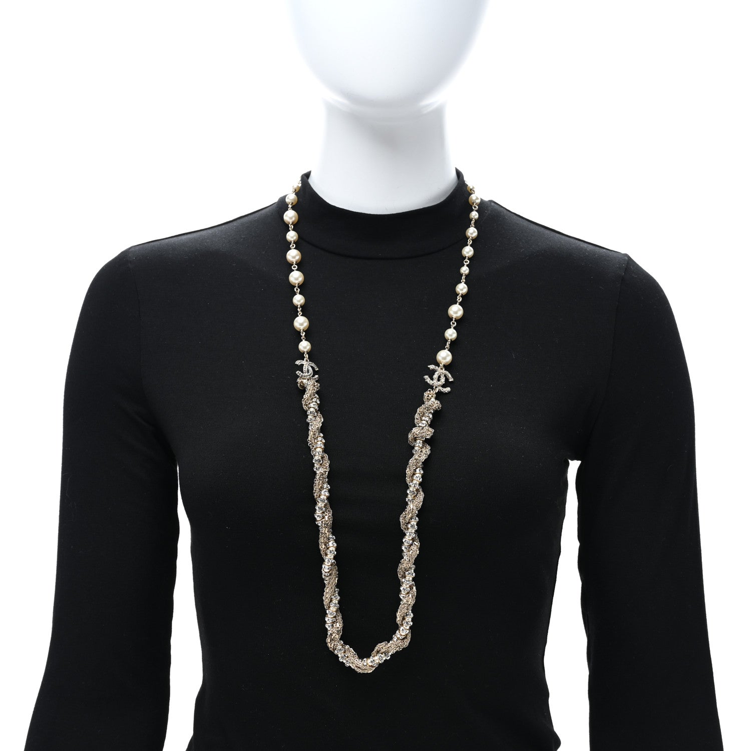 Chanel Pearl Crystal CC Braided Chain Long Necklace Light Gold 2 of 4
