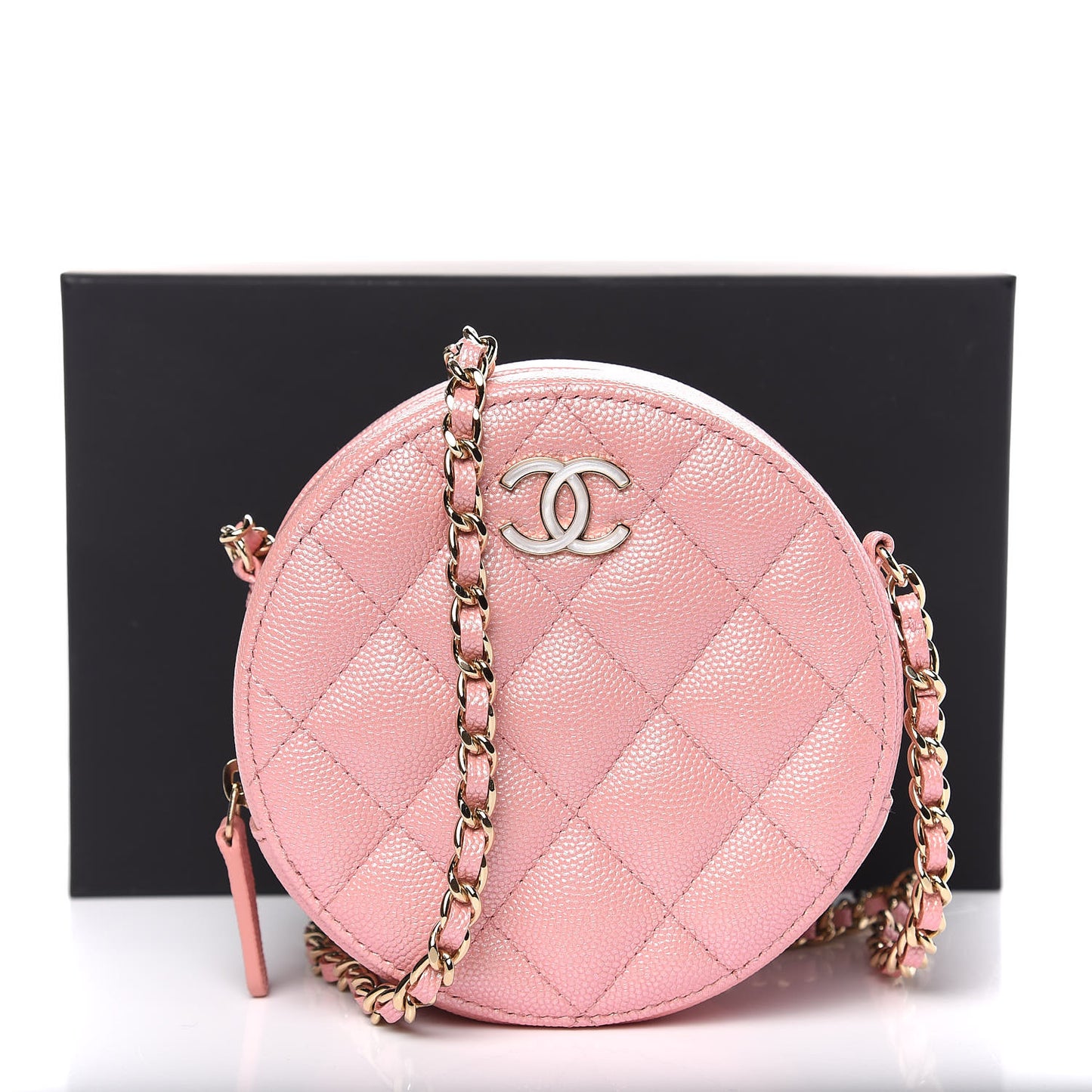 Iridescent Caviar Resin Quilted Round Clutch With Chain Pink
