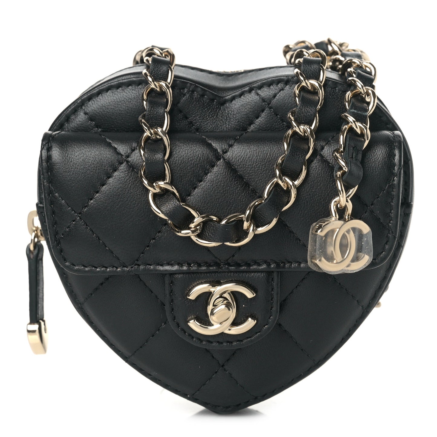 Lambskin Quilted CC In Love Heart Waist Belt Bag With Chain Black