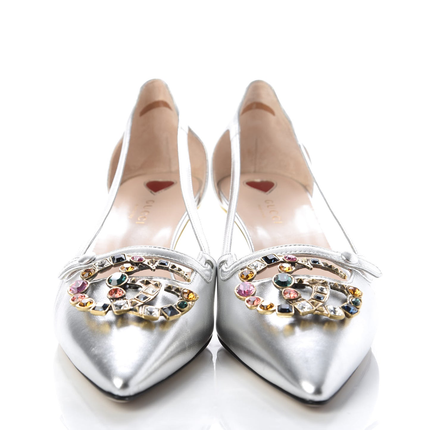 Metallic Nappa Bamboo Crystal Double G Low Heel Pumps 40 Argento