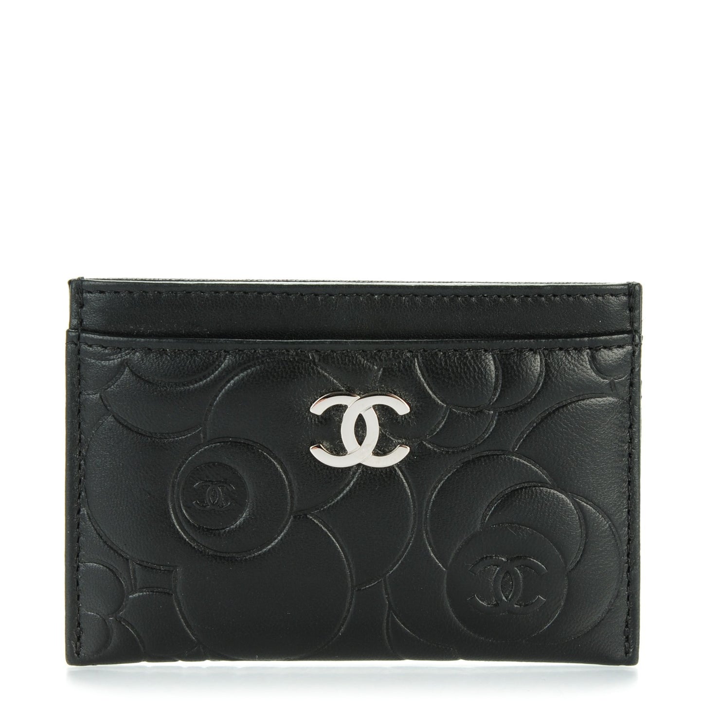 Lambskin Camellia Embossed Card Holder Black