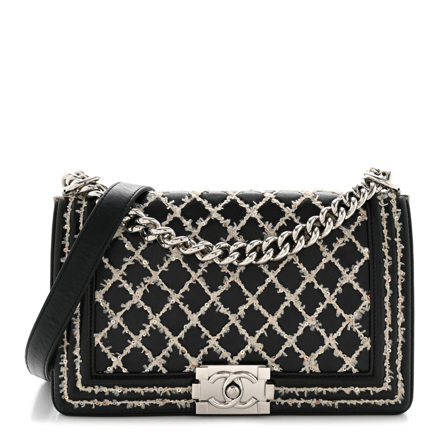 Calfskin Tweed Sequin Stitched Medium Boy Flap Black White