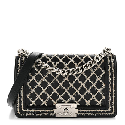 Chanel Calfskin Tweed Sequin Stitched Medium Boy Flap Black White 1 of 15