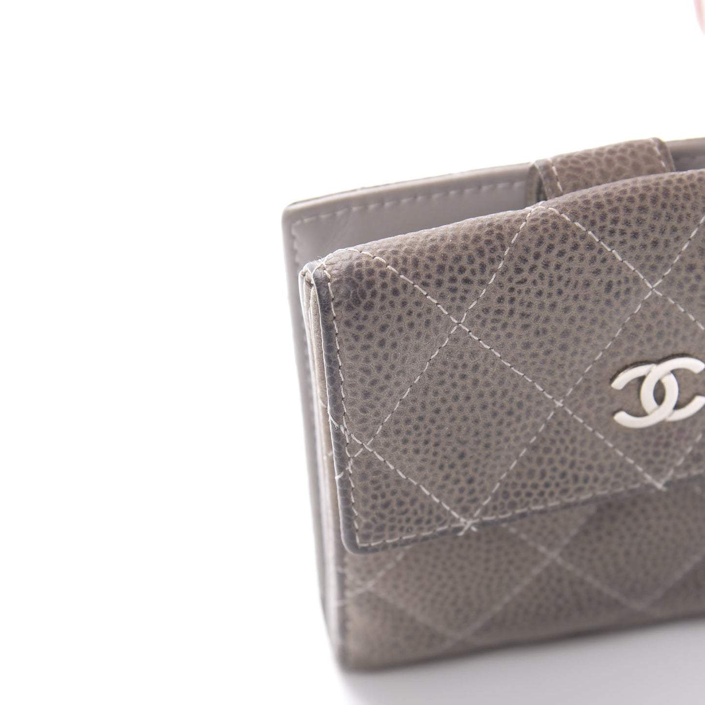Iridescent Caviar Quilted Compact French Flap Wallet Grey