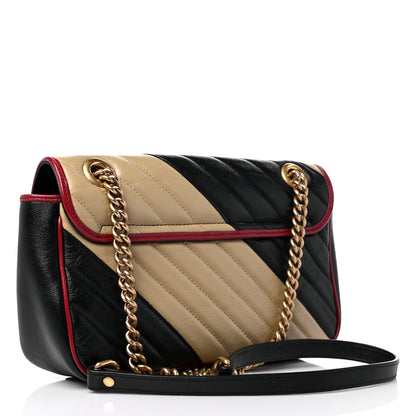 Gucci Vintage Effect Calfskin Matelasse Diagonal Striped Small Torchon GG Marmont Shoulder Bag Black Beige 3 of 11