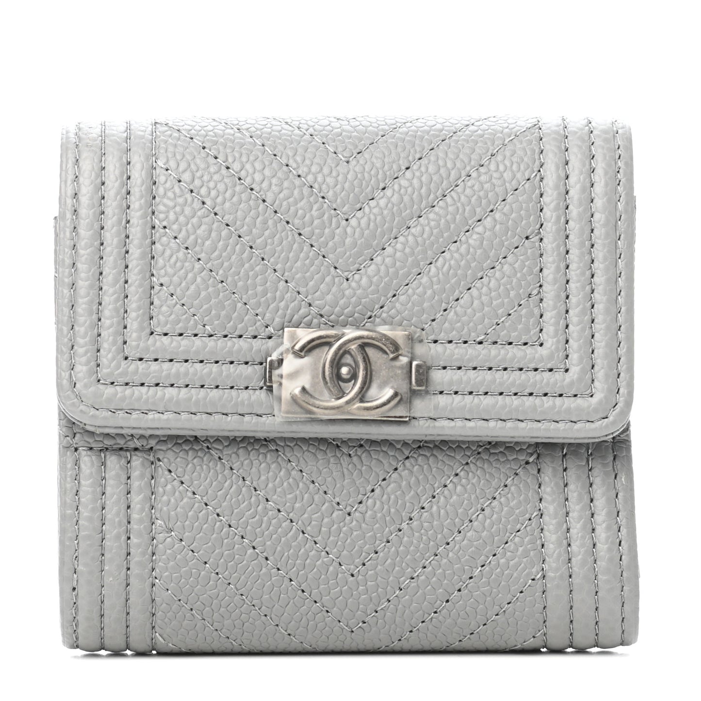 Caviar Chevron Quilted Boy Compact Wallet Grey