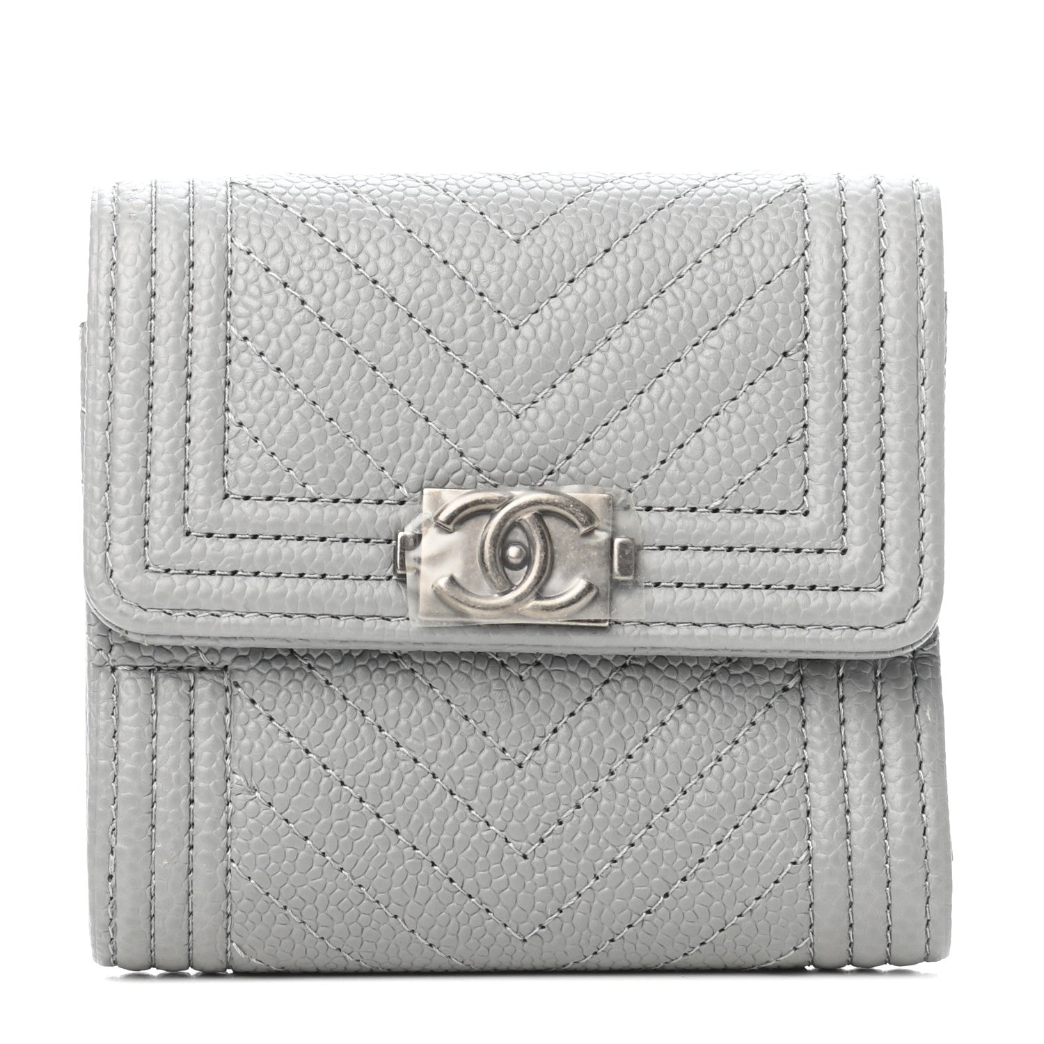Chanel Caviar Chevron Quilted Boy Compact Wallet Grey 1 of 8