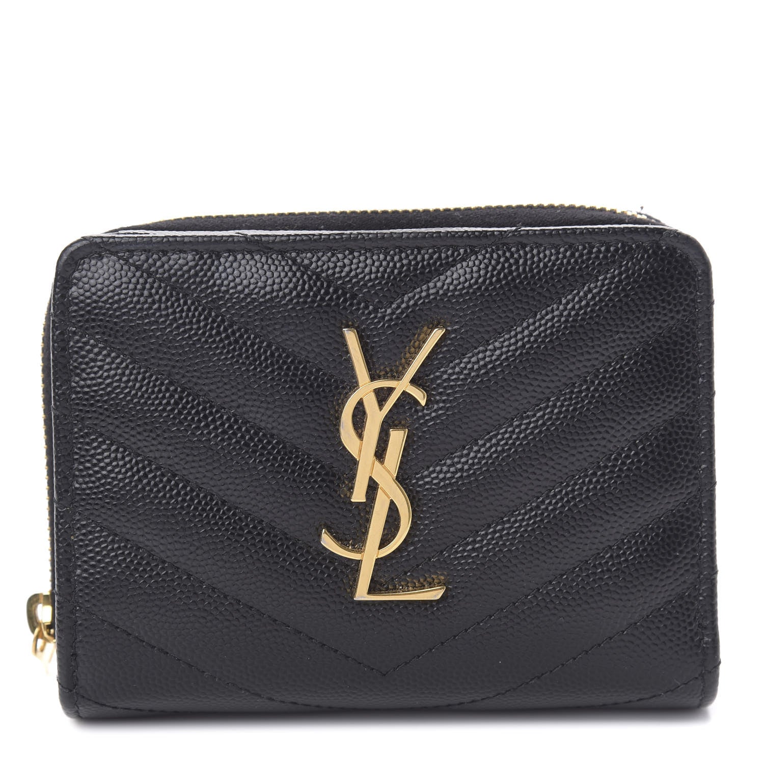 Saint Laurent Grain De Poudre Matelasse Chevron Monogram Compact Zip Around Wallet Black 1 of 7