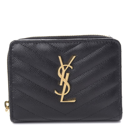 Saint Laurent Grain De Poudre Matelasse Chevron Monogram Compact Zip Around Wallet Black 1 of 7