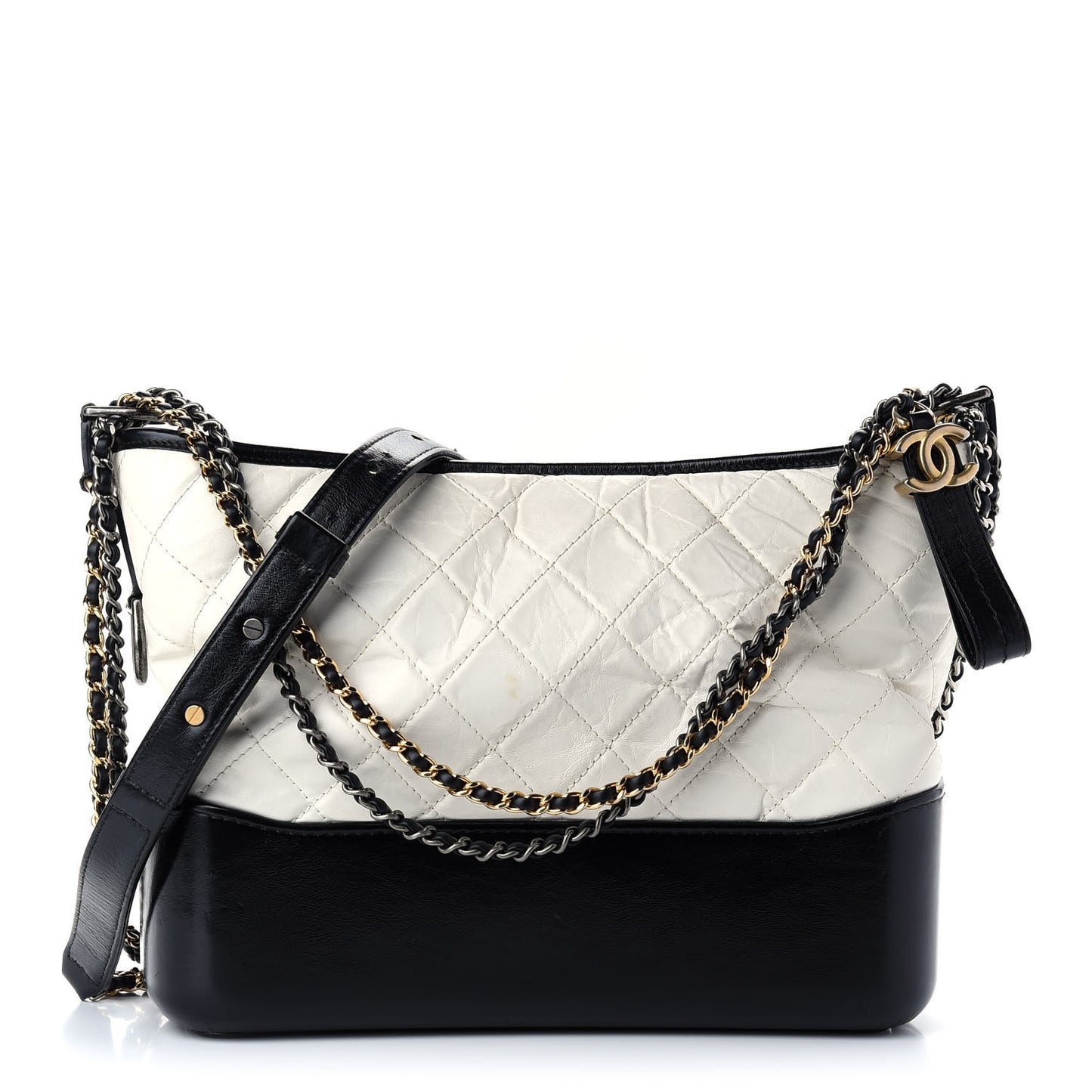 Aged Calfskin Quilted Medium Gabrielle Hobo Black White