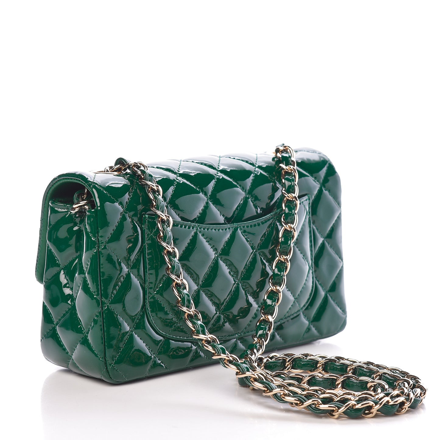 Patent Calfskin Quilted Mini Rectangular Flap Dark Green