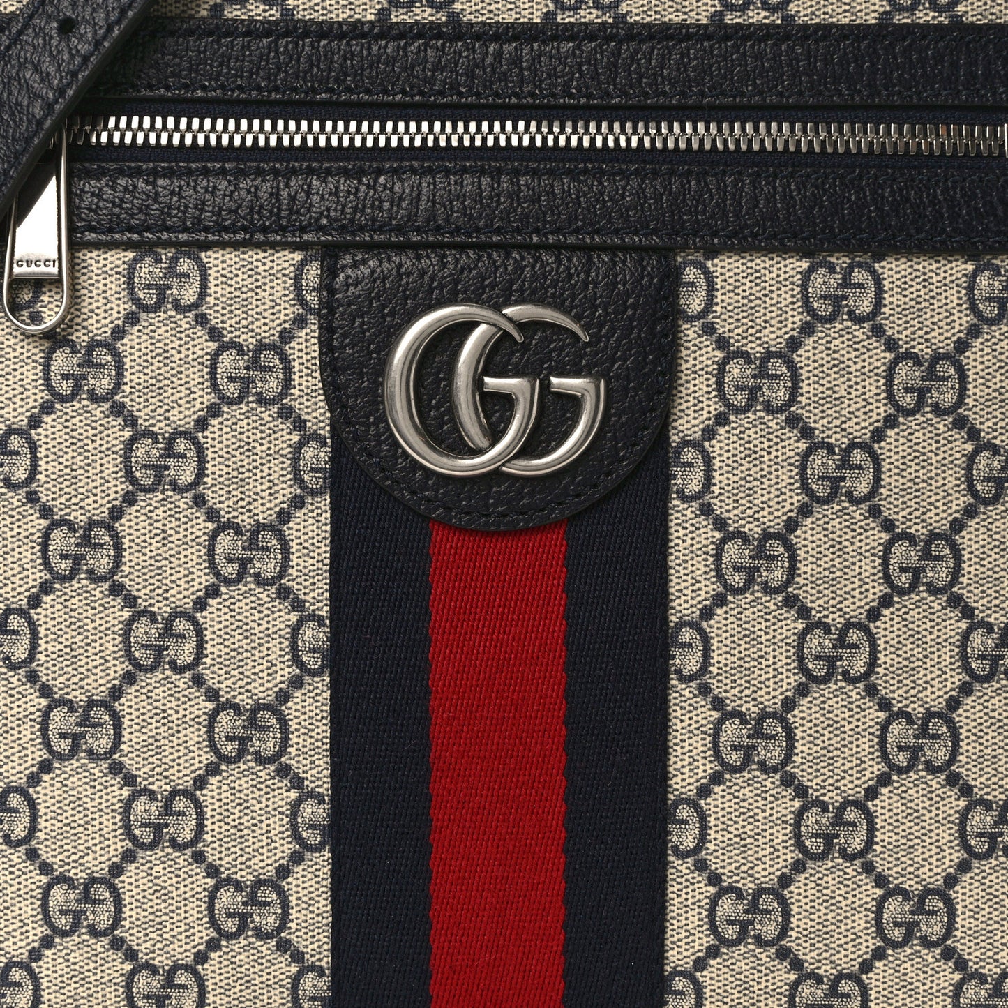 GG Supreme Monogram Textured Dollar Calfskin Web Small Ophidia Messenger Bag Beige Blue