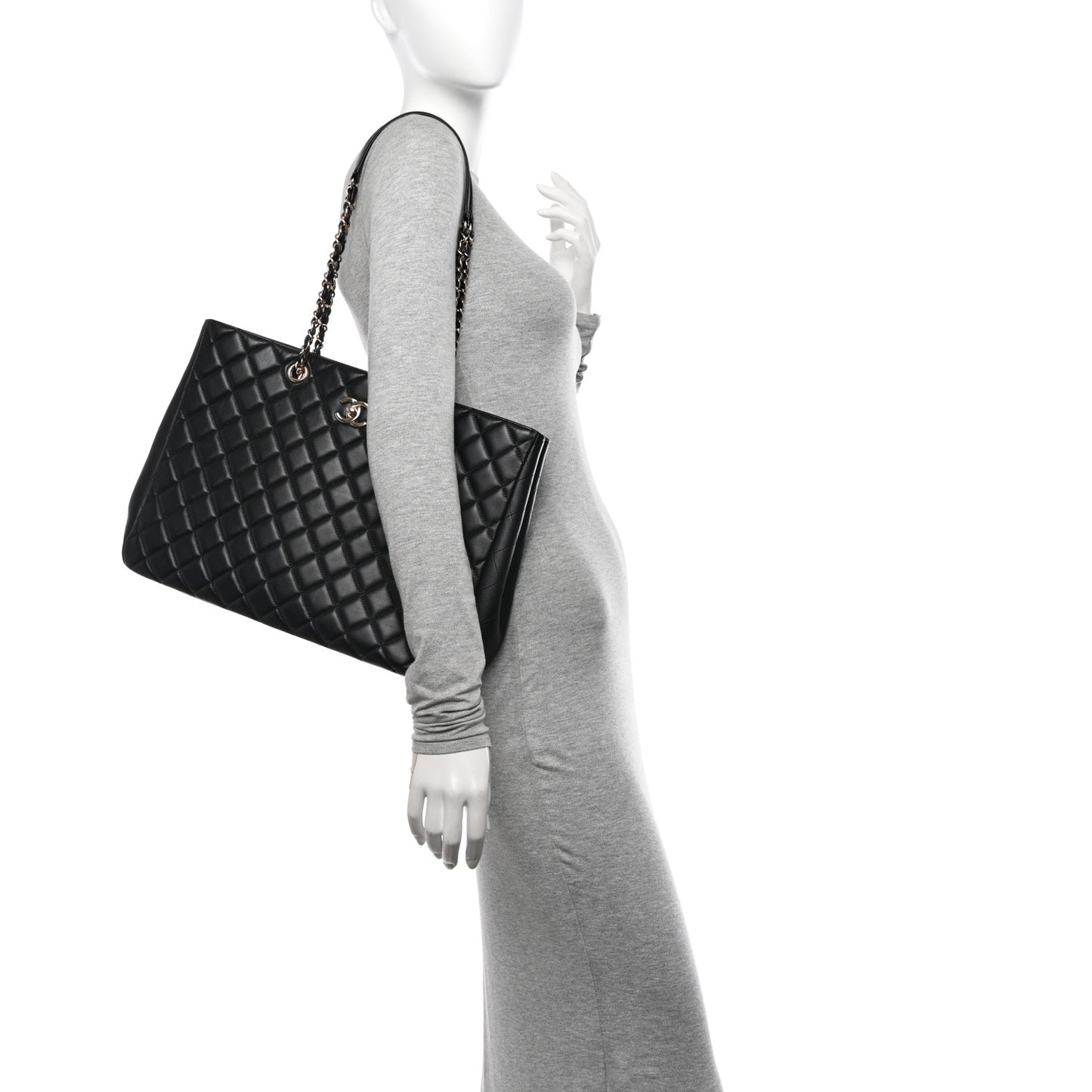 Calfskin Quilted Large CC Shopping Tote  Black