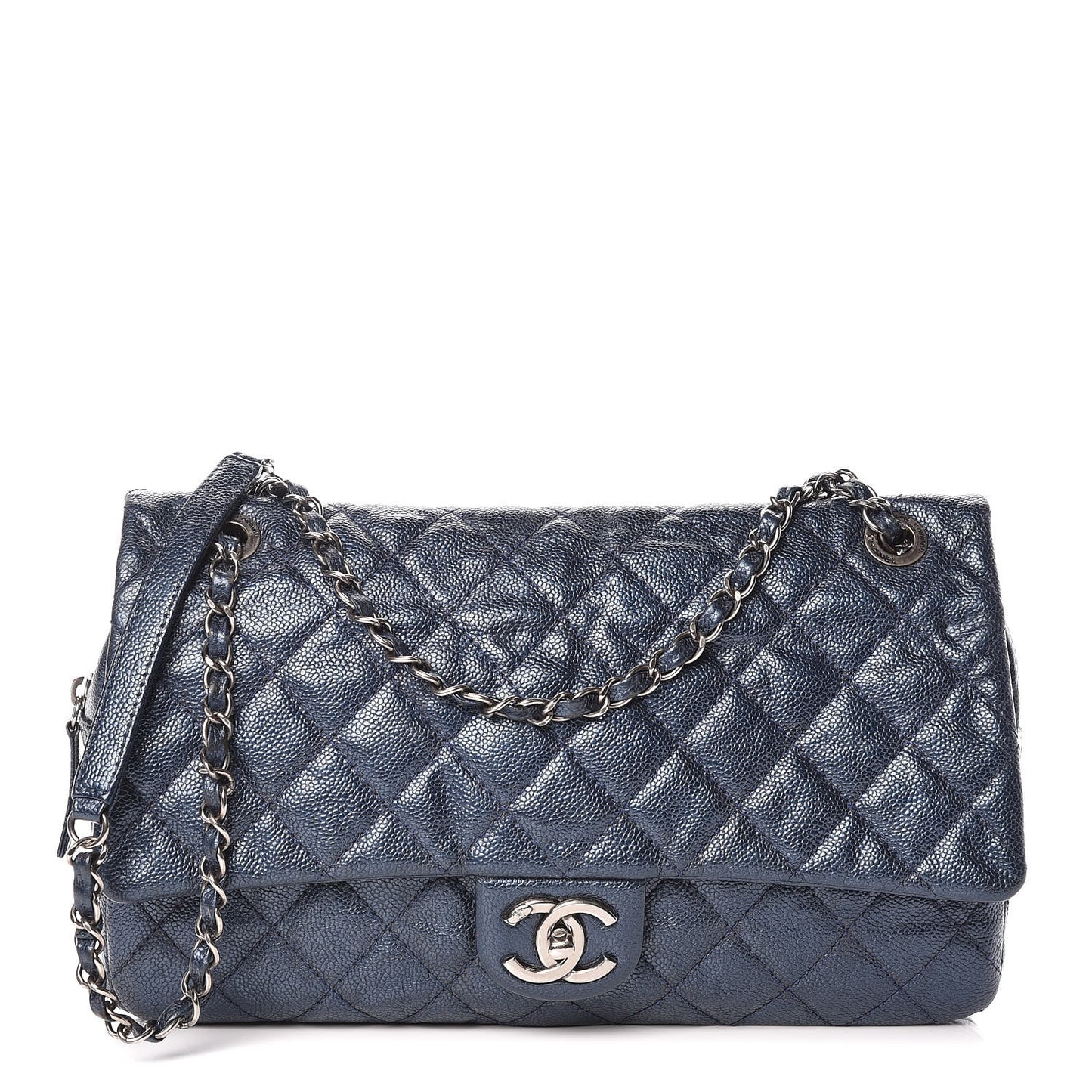 Iridescent Caviar Quilted Large Chic Flap Blue