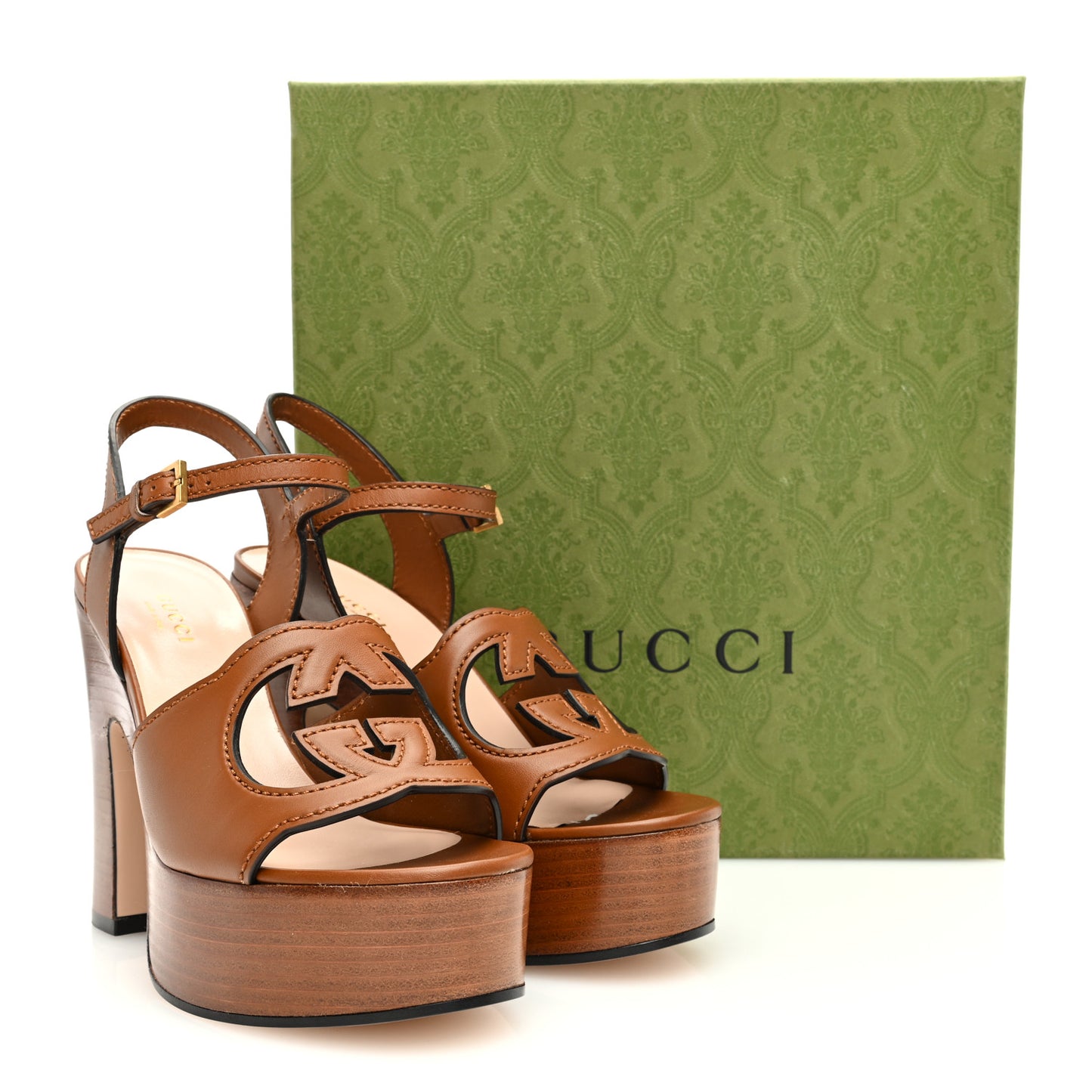 Cosmos Softy Calfskin Wooden Interlocking G Cut-Out 30/120mm Platform Sandals 36 Cuir
