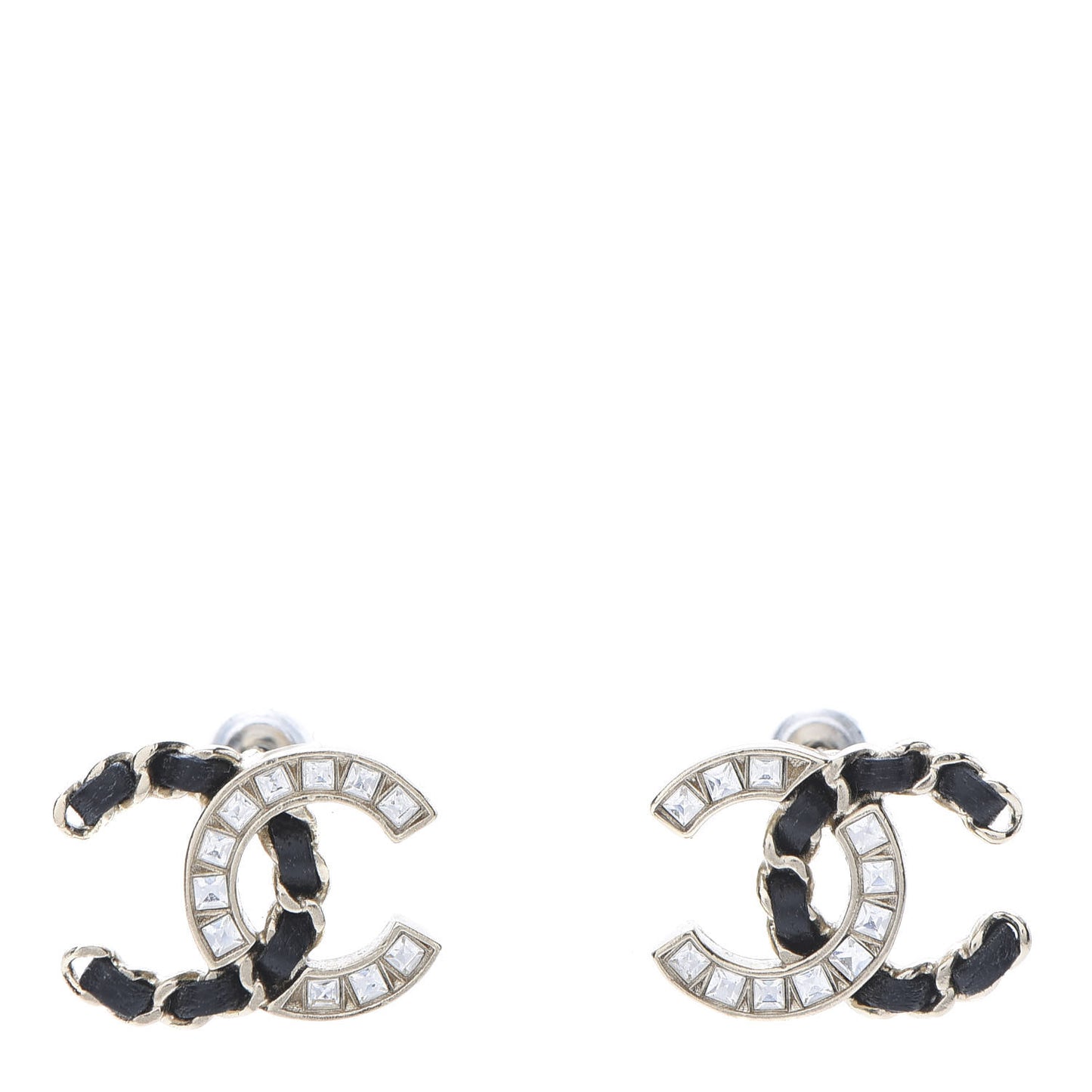 Crystal Baguette Lambskin Chain CC Vintage Allure Stud Earrings Black Gold