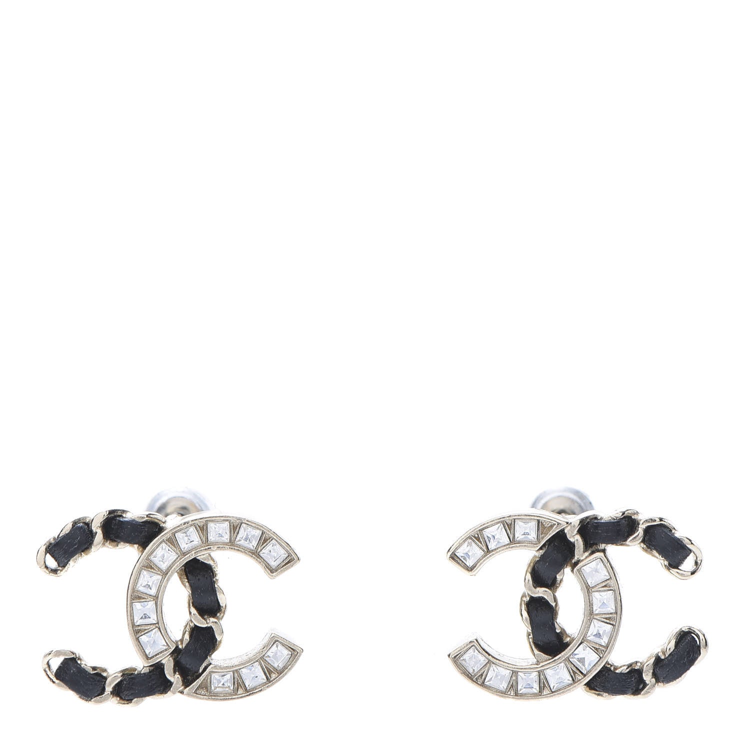 Chanel Crystal Baguette Lambskin Chain CC Vintage Allure Stud Earrings Black Gold 1 of 6