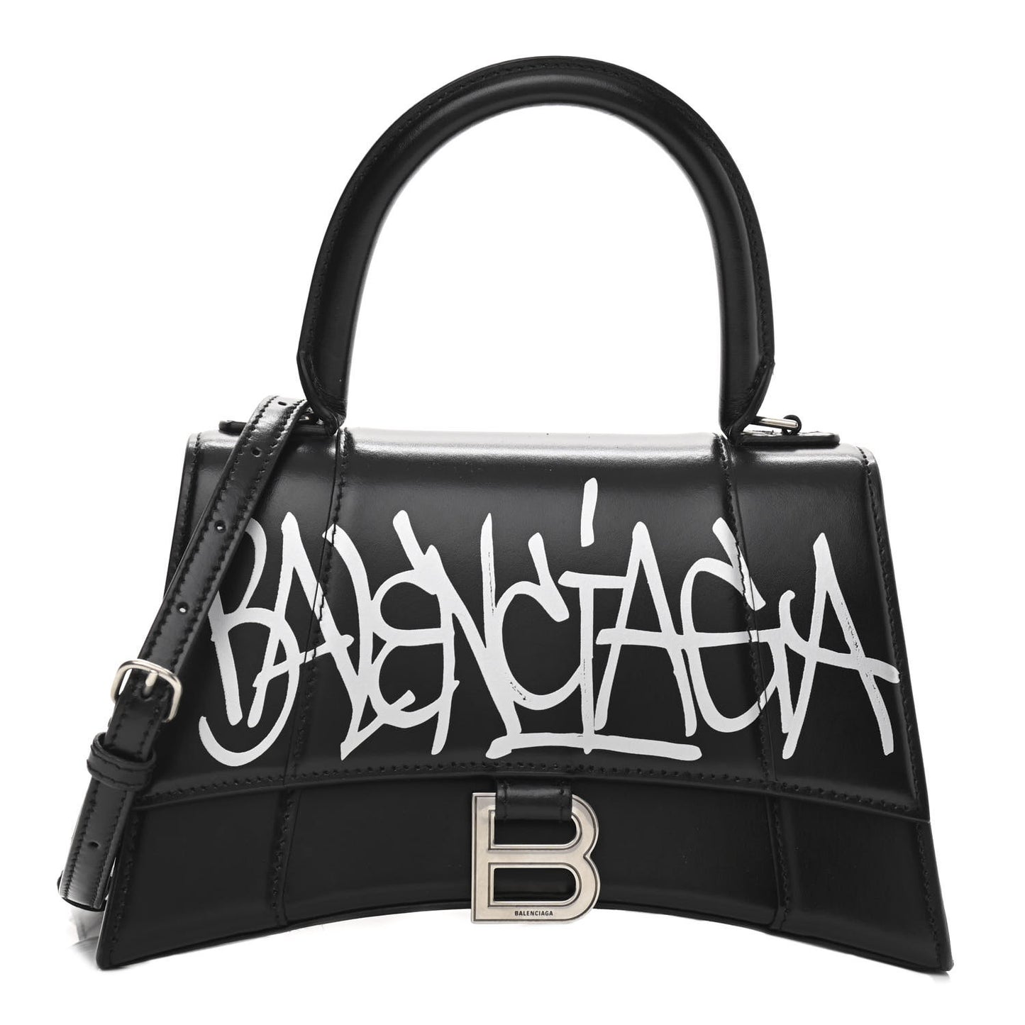 Shiny Box Calfskin Graffiti Logo Small Hourglass Top Handle Bag Black Silver