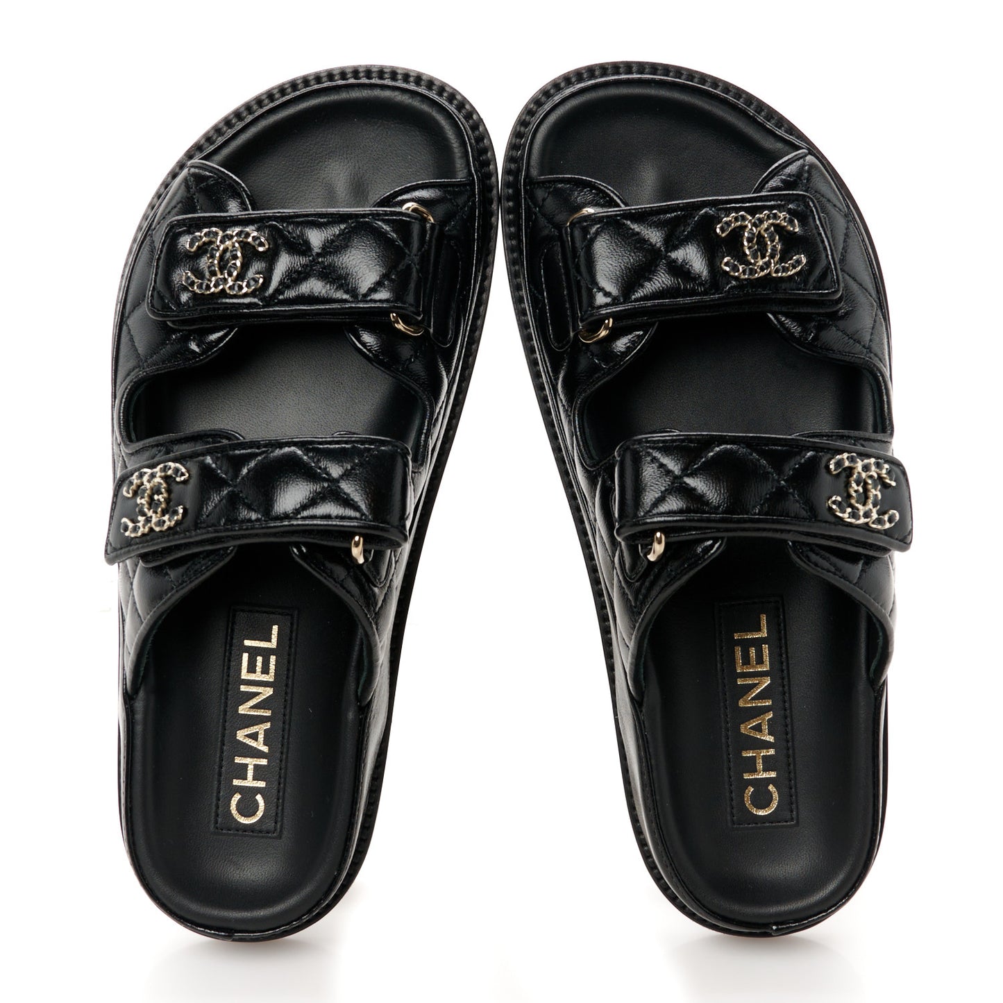 Lambskin Quilted Velcro Dad Chain CC Slide Sandals 35 Black