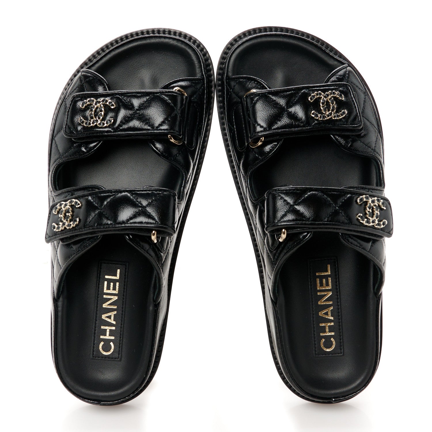 Chanel Lambskin Quilted Velcro Dad Chain CC Slide Sandals 35 Black 2 of 10
